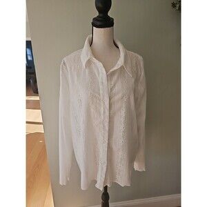 LELIS Floral‎ Lace open weave Button Down Top, women's Size Large white
